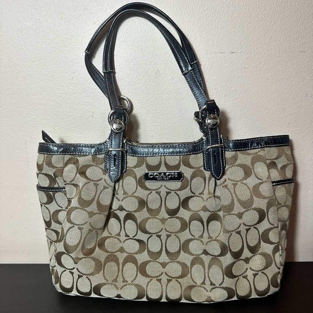 Coach Khaki Canvas Tote with Black Leather Trim